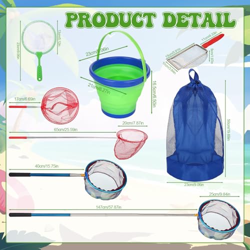 2 Pack Telescopic Kids Fishing Net with Handle, 2 Collapsible Bucket Sand Pail, Stainless Steel Foldable Fishing Net Small Fishing Butterfly Bug Net Beach Shovel with Storage Bag - color: Blue Red Yellow Green