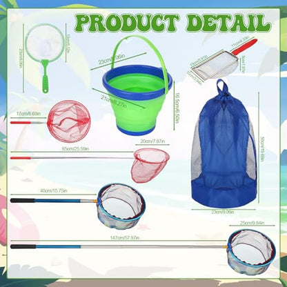 2 Pack Telescopic Kids Fishing Net with Handle, 2 Collapsible Bucket Sand Pail, Stainless Steel Foldable Fishing Net Small Fishing Butterfly Bug Net Beach Shovel with Storage Bag - color: Blue Red Yellow Green
