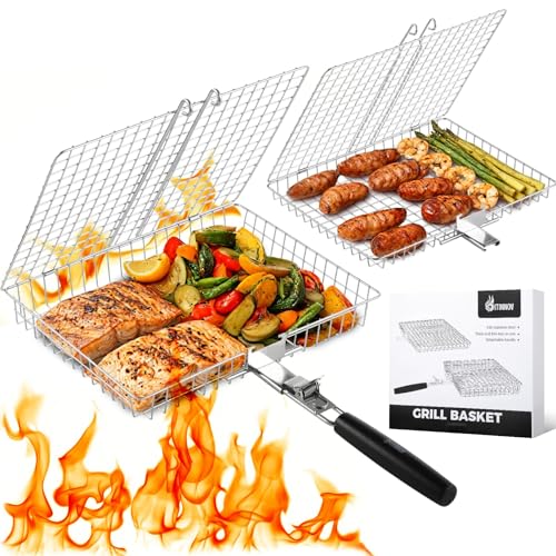 Nesting Grill Baskets, 2pcs Grilling Baskets for Outdoor with Removable Handle, Stainless Steel BBQ Camping Cooking Accessories Tools for Fish, Vegetable, Shrimp - Gifts for Men Dad Husband