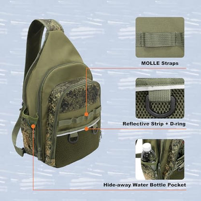 MYDAYS Fishing Sling Tackle Storage Bag, Lightweight Outdoor Sling Tackle Backpack for Fishing Gear and Equipment (Green Camo)