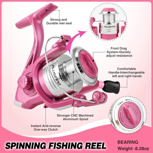 Fishing Rod and Reel Combos, Fishing Gear Gifts for Women with Spinning Reel, Lures, Line, Pink Ladies Telescopic Pole Kit Designed for Girls Adults by PLUSINNO - size: 6.86 ft - Complete Kit