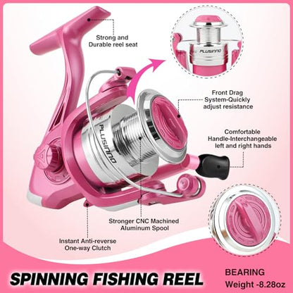 Fishing Rod and Reel Combos, Fishing Gear Gifts for Women with Spinning Reel, Lures, Line, Pink Ladies Telescopic Pole Kit Designed for Girls Adults by PLUSINNO - size: 5.91 ft - Complete Kit