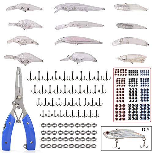 Unpainted Fishing Lures Making Kit DIY Blank Lures Crankbaits Minnow Jerkbait Hard Bait Set with Treble Hooks, Split Rings, Lure Eyes, Lure Stickers Lure Making Supplies Make Your Own Fishing Lures - style: 276pcs Lure Making Kit