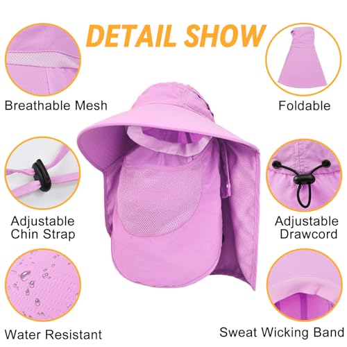 Sun Hats for Men Women Detachable Face Cover Wide Brim Fishing Hats with Neck Flap UPF 50+ Outdoor Safari Hats - color: Purple