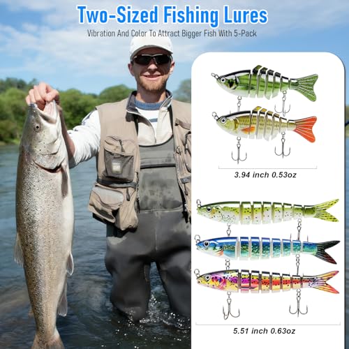 Slow Sinking Fishing Lures, 5Pcs Multi-Jointed Swim Baits for Freshwater & Saltwater, 7/8 Segmented Hard Lures, Heavy-Duty Fiber Jointed Glide Baits for Bass Musky Trout Crappie Pike
