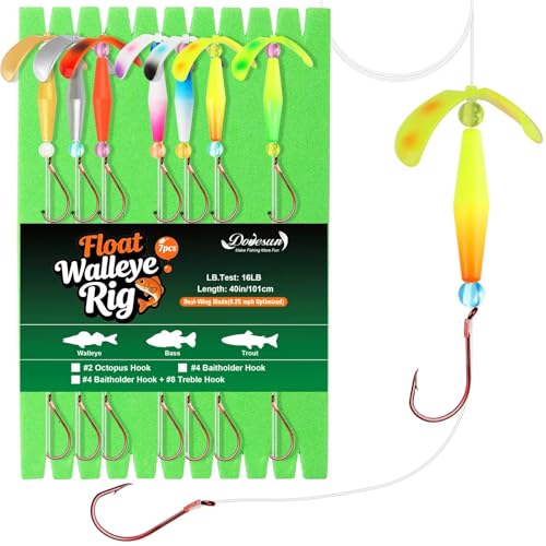 Dovesun Crawler Harness Walleye Rigs with Dual-Wing Blade, Float Walleye Spinner Rig for Slow Trolling (0.25 mph), Fluorocarbon Worm Harness, 2 Hook Walleye Fishing Rigs, 7 Pack - size: Dual #2 Octopus Hooks