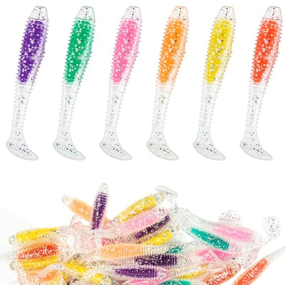 Syosisny 54PCS Soft Paddle Tail Swimbaits, 6 Vibrant Colors Fishing Lures, Versatile Bait for Freshwater Saltwater, Bass Trout Walleye Pike Crappie Fishing Tackle