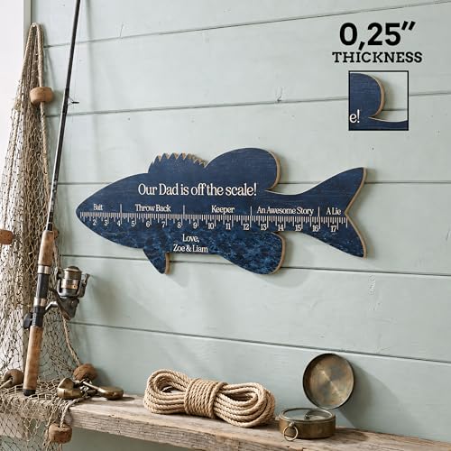 Personalized Fish Ruler Sign for Dad, Custom Wooden Fish Measuring Board with Name and Message, Father’s Day Fishing Gift for Men, Grandpa, Papa, Husband, Rustic Fisherman Wall Decor for Man Cave Garage Lake House