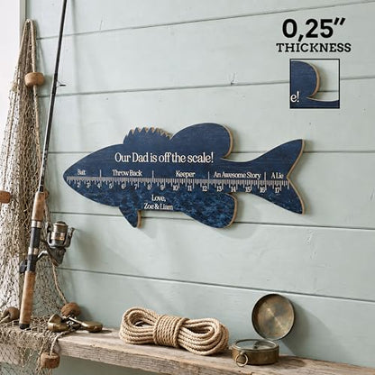 Personalized Fish Ruler Sign for Dad, Custom Wooden Fish Measuring Board with Name and Message, Father’s Day Fishing Gift for Men, Grandpa, Papa, Husband, Rustic Fisherman Wall Decor for Man Cave Garage Lake House