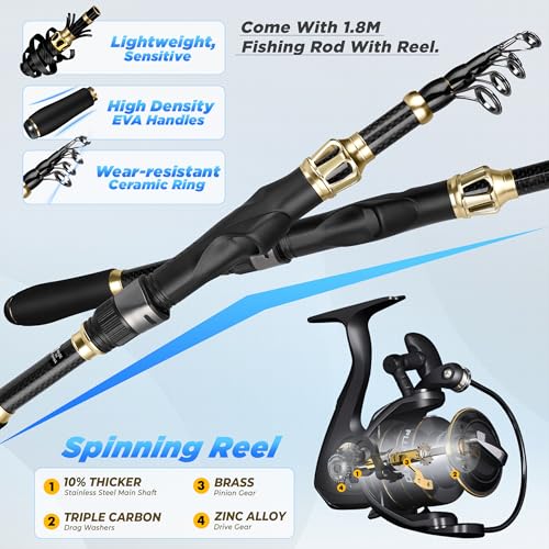 PLUSINNO Fishing Gear- Fishing Rod and Reel Combos, Fishing Backpack, Fishing Net, Fishing Bag with Rod Holders and Tackle Box for Freshwater/Saltwater, Fishing Gifts for Men - style: Black Backpack Tools With Rod&net