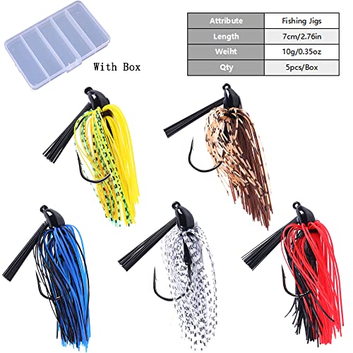 Bass Jigs, 5pcs/Box, 2.76in/0.35oz, Medium Size, J Hook, Silicone & Metal Material, Weedless Design, Ideal for Bass, Trout, Walleye & More