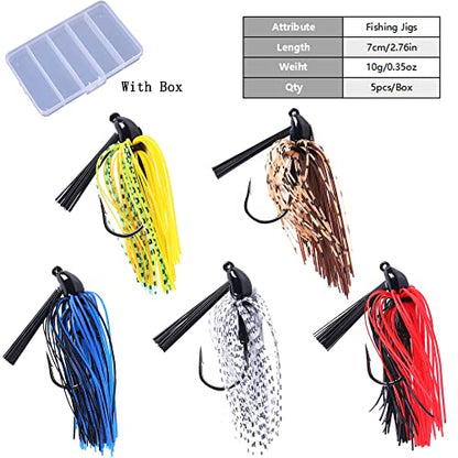 Bass Jigs, 5pcs/Box, 2.76in/0.35oz, Medium Size, J Hook, Silicone & Metal Material, Weedless Design, Ideal for Bass, Trout, Walleye & More