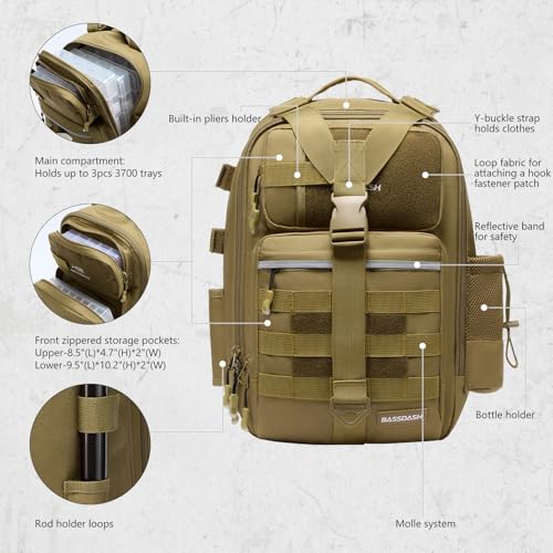 BASSDASH Convertible Fishing Backpack Sling Bag with Rod Holder, Adjustable Tactical Water-Resistant Tackle Storage Pack FP07 - color: Brown Khaki, size: Large