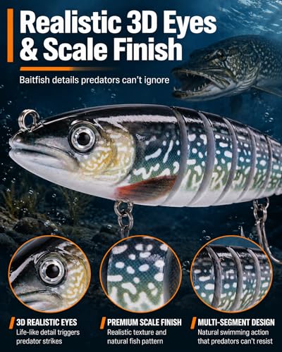 8-Segment Swimbait with High-Carbon Steel Hooks, 5.4" Lifelike Jointed Fishing Lure with Built-in Rattle & 3D Eyes, Magic Wiggling Action Swimbaits for Bass Trout Pike Walleye, Freshwater Saltwater