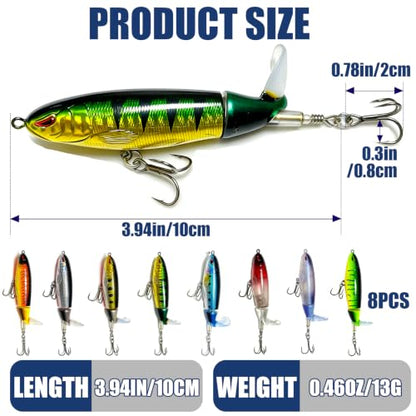 Kynzo Topwater Fishing Lures with Rotating Tail, Floating Bass Lures Hard Bait for Freshwater and Saltwater, Life-Like Surface Propeller Tail Spinner for Bass, Trout, Musky and Pike - color: B-8PCS