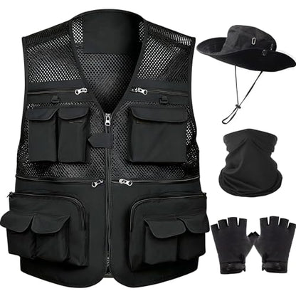HUNTURE Fishing Vest,Pocket Vest and Hat Gloves Neck Gaiter Set for Men,Lightweight Utility Outerwear Vest - color: Black, size: XX-Large