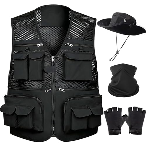 HUNTURE Fishing Vest,Pocket Vest and Hat Gloves Neck Gaiter Set for Men,Lightweight Utility Outerwear Vest - color: Black, size: Large