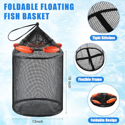 Lasnten 2 Pcs Extra Large Foldable Floating Fish Basket for Live Caught Net Collapsible Floating Fishing Basket with Long Robust Telescopic Handle Rubber Mesh Net Bait for Bait Live Well Storage