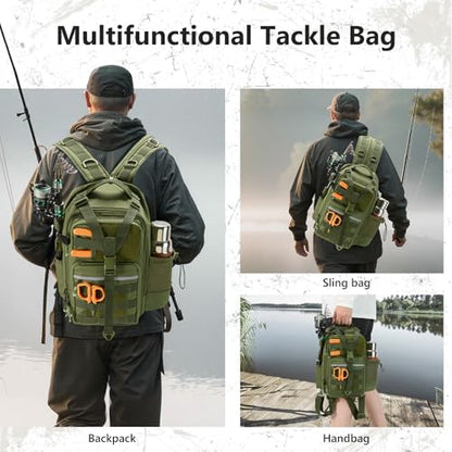 BASSDASH Convertible Fishing Backpack Sling Bag with Rod Holder, Adjustable Tactical Water-Resistant Tackle Storage Pack FP07 - color: Army Green, size: Standard