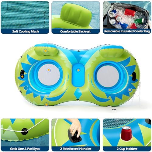 Jasonwell Inflatable River Tube Float - 2 Person Heavy Duty River Float Pool Floats with Removable Cooler Lake Water Tubes for Floating River Raft Lounge Floatie with 2 Cup Holders for Adults (YG) - style: Owl-Lime