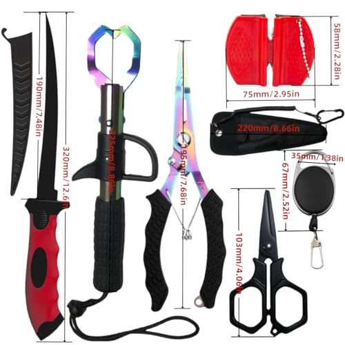 Pro Fishing Gear Fishing Tool Set, Fishing Pliers with Lanyard, Fish Lip Gripper, Fillet Knife, Fishing Braid Scissors, Nylon Sheath, Retractable Tool Tether, Sharpener, Fishing Gifts for Men - color: Red+colorful