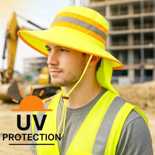 Men High Visibility Reflective Work Safety Sun Hat with Neck Flap Wide Brim Boonie UV Protection - color: 1pc Neon Lime