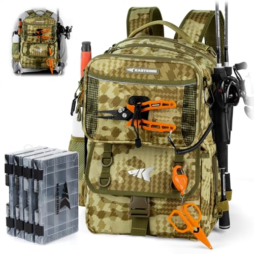 KastKing BaitSpace Fishing Tackle Backpack with Removable Bait Binder,2 Rod Holders Storage Fishing Gear and Equipment - color: D: Khaki Camo, size: With (4) 3600 tackle boxes