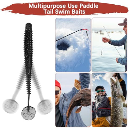 Soft Fishing Lures - Paddle Tail Swim Bait for Bass, Trout in Saltwater & Freshwater - Rigged with Hooks - Durable ABS Plastic - color: Black, size: 2.95"