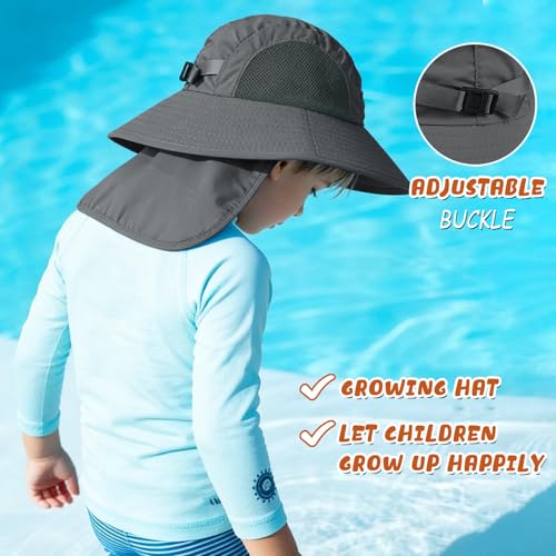 Outdoor Kids Sun Hats with Neck Flap Boys Girls Wide Brim UPF 50+ UV Protection Children Bucket Hat Safari Hat - color: 1pack-darkgrey