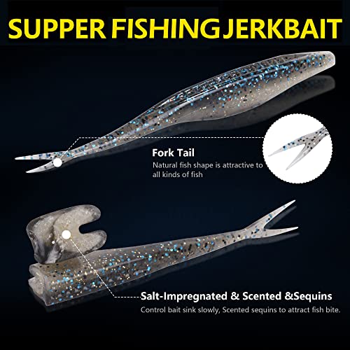 Fishing Bait Soft Plastic Lures 30/50 Pcs, Weighted Hooks 10 Pack & 40-Piece Set, 4in/5in Salty Split Tail Jerk Shad, 3/0 4/0 5/0 Weedless Swimbait Hook for Bass Fishing - color: Set A, size: 4in-30 Pcs