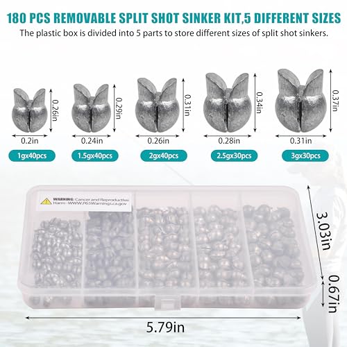 Split Shot Fishing Weights Kit, 180/210pcs Removable Round Fishing Weights Sinkers Clip On Shot Weights Fly Fishing Line Sinkers Fishing Sinkers for Freshwater Saltwater - color: 180pcs-large（1g 1.5g 2g 2.5g 3g）