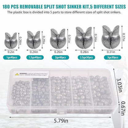 Split Shot Fishing Weights Kit, 180/210pcs Removable Round Fishing Weights Sinkers Clip On Shot Weights Fly Fishing Line Sinkers Fishing Sinkers for Freshwater Saltwater - color: 180pcs-large（1g 1.5g 2g 2.5g 3g）