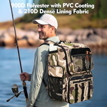 MGB 46L Fishing Tackle Backpack with 2 Rod Holders & YKK Zipper Storage Fishing Gear and Equipment, Gifts for Men Father - color: Brown Camo（without Tackle Box）