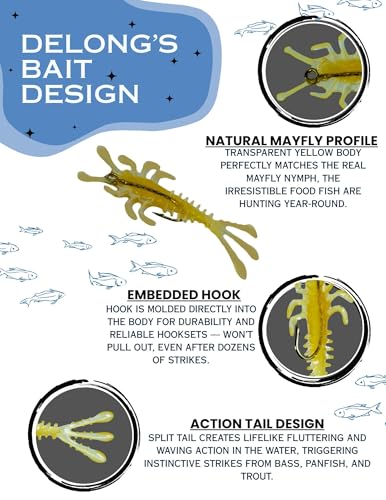 DELONG LURES - Mayfly Nymph Soft Plastic Fishing Bait Lure, Mayfly Lures for Freshwater Saltwater Scented Mayflies for Peacock Bass Largemouth Bass Smallmouth Bass Crappie Panfish and Trout - color: Mayfly 30 Pack