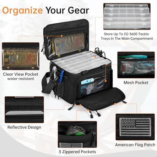 Fishing Tackle Bags with 4 * 3600 Tackle Trays - Saltwater & Freshwater Fishing Gear Bag Padded Shoulder Strap Tackle Box Bag (Black) - color: Black, style: Includes Trays