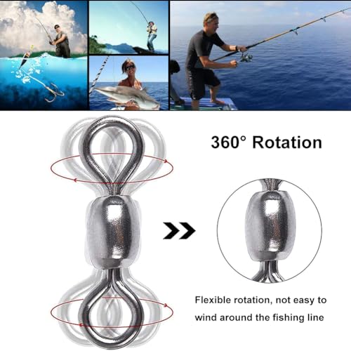 50Pcs Fishing Line Connector, High Strength Fishing Barrel Swivels Set Stainless Steel Ball Bearing Swivel Rolling Bearing Snap Connector for Saltwater Freshwater Fishing Tackle Accessories
