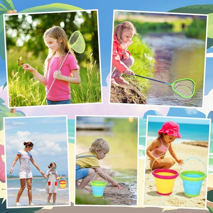 2 Pack Telescopic Kids Fishing Net with Handle, 2 Collapsible Bucket Sand Pail, Stainless Steel Foldable Fishing Net Small Fishing Butterfly Bug Net Beach Shovel with Storage Bag - color: Blue Yellow Green