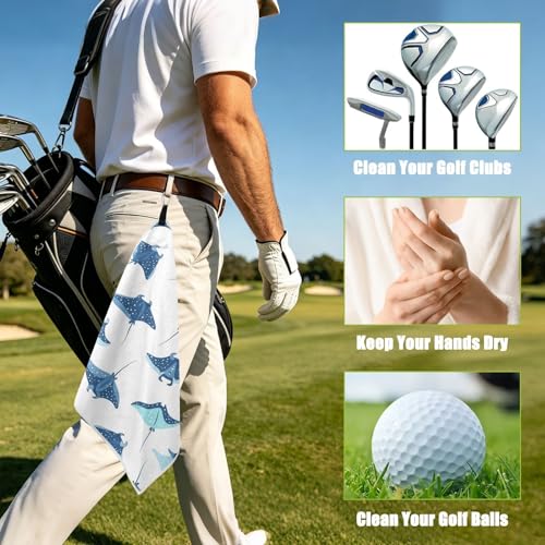 Fish White Pattern Magnetic Golf Towel for Golf Bags Microfiber Golf Accessories for Men Women with Carabiner Clip Attaches to Clubs and Carts, 17.7"x17.7"