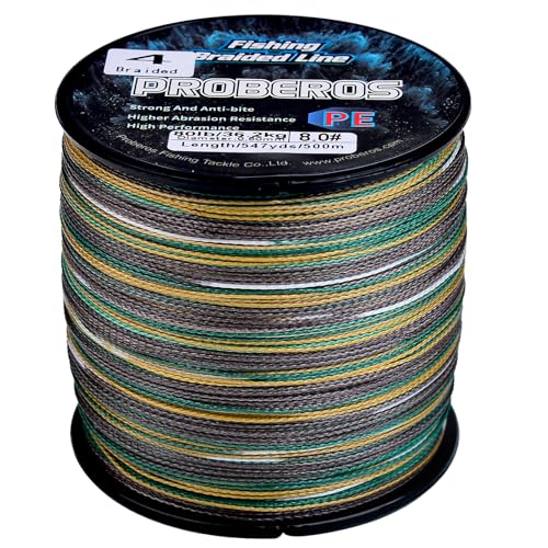 PROBEROS Braided Fishing Line - 4 Strands PE Fiber Fish Braid Lines - High Sensitivity Zero Stretch Strong Abrasion Resistant Superline - 500M/546YD 6LB-100LB - color: Green Camouflage, size: 30LB(327Yards) - 4 Strands