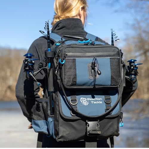 Reaction Tackle Fishing Tackle Backpack with Detachable Bait Binder and Rod Holders, Water Resistant Soft Plastic Storage with Padded Straps for Freshwater and Saltwater