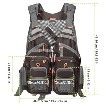 Gonex Fly Fishing Vest for Men Women, Comfortable Adjustable Fishing Vest with Multi-Pockets Reflective Stripes - color: Dark Brown