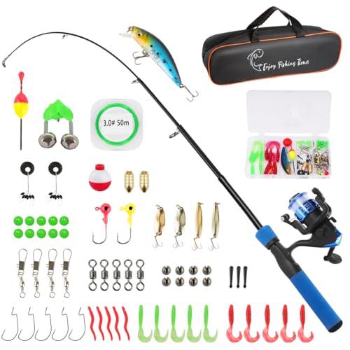 Kids Fishing Pole Kit, 59'' Telescopic Rod and Reel Beginner Combo with Spincast Reel,Tackle Box, Carrier Bag,Fishing Gear for Boys,Girls, Toddler,Youth - color: Blue