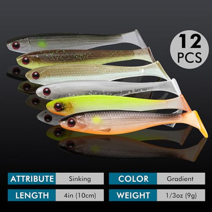 TRUSCEND Shadtale Easy Catch Soft Fishing Lures, Unique Vibration and Action for Various Rigs, Paddle Tail Swimbaits Trailer for Bass, Trout, Crappie, Walleye, Redfish, Saltwater & Freshwater Fishing - color: 4",12pcs,0.3oz