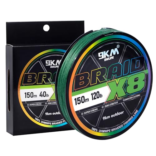 9KM DWLIFE Braided Fishing Line 8LB-120LB Dyneema Fishing Line, Zero Stretch & Anti-Bite Coating for Freshwater/Saltwater Fishing 4/8 Strands - color: Moss Green, size: 150m（164Yards)-15lb(8 Strands)