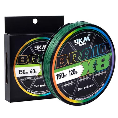 9KM DWLIFE Braided Fishing Line 8LB-120LB Dyneema Fishing Line, Zero Stretch & Anti-Bite Coating for Freshwater/Saltwater Fishing 4/8 Strands - color: Moss Green, size: 150m（164Yards)-20lb(8 Strands)