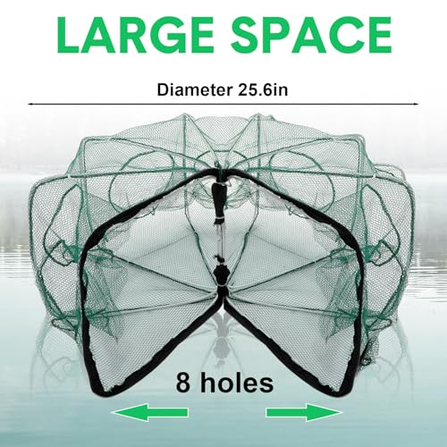 JaGely 5 Pcs Fishing Net Accessories Include Fishing Landing Net with Handle, 26in x 13in Portable Folded Cast Net, 8 Holes 8 Sides Collapsible Fishing Bait Trap, Fishing Keep Net, Drawstring Bag