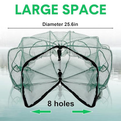 JaGely 5 Pcs Fishing Net Accessories Include Fishing Landing Net with Handle, 26in x 13in Portable Folded Cast Net, 8 Holes 8 Sides Collapsible Fishing Bait Trap, Fishing Keep Net, Drawstring Bag