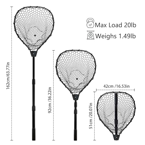 Telescoping Rubber Fishing Net with Handle 64"/46“ Long Silicone Large Fish Landing Net Kayak/Fishpond/Saltwater Extendable Fishing Gear Accessories - color: Black:3-section pole|length:63.7"