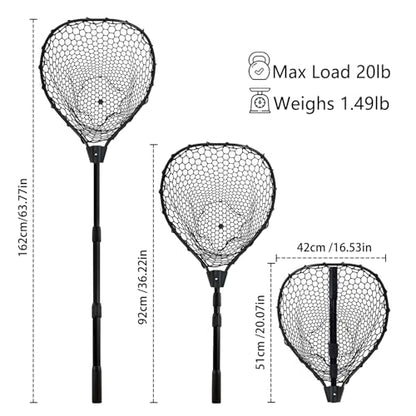 Telescoping Rubber Fishing Net with Handle 64"/46“ Long Silicone Large Fish Landing Net Kayak/Fishpond/Saltwater Extendable Fishing Gear Accessories - color: Black:3-section pole|length:63.7"
