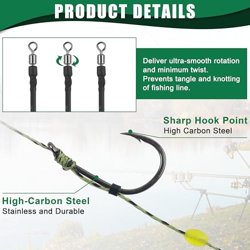 Carp Fishing Hair Rigs Kit, Carp Hook Rig Swivel Braided Thread Line with Corns Boilie Bait Stopper Stringer Needle Tool Accessories - style: 24pcs Pre-tied Carp Rigs (#2,#4,#6,#8)